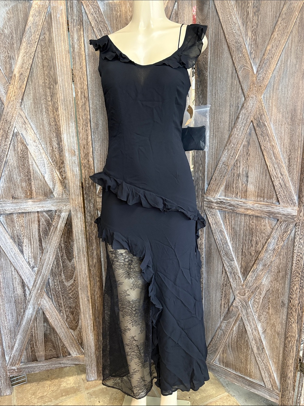 NWT o.p.t Carmen Dress Black Ruffle Asymmetric Lace Maxi Dress Size 4 - Picture 4 of 10